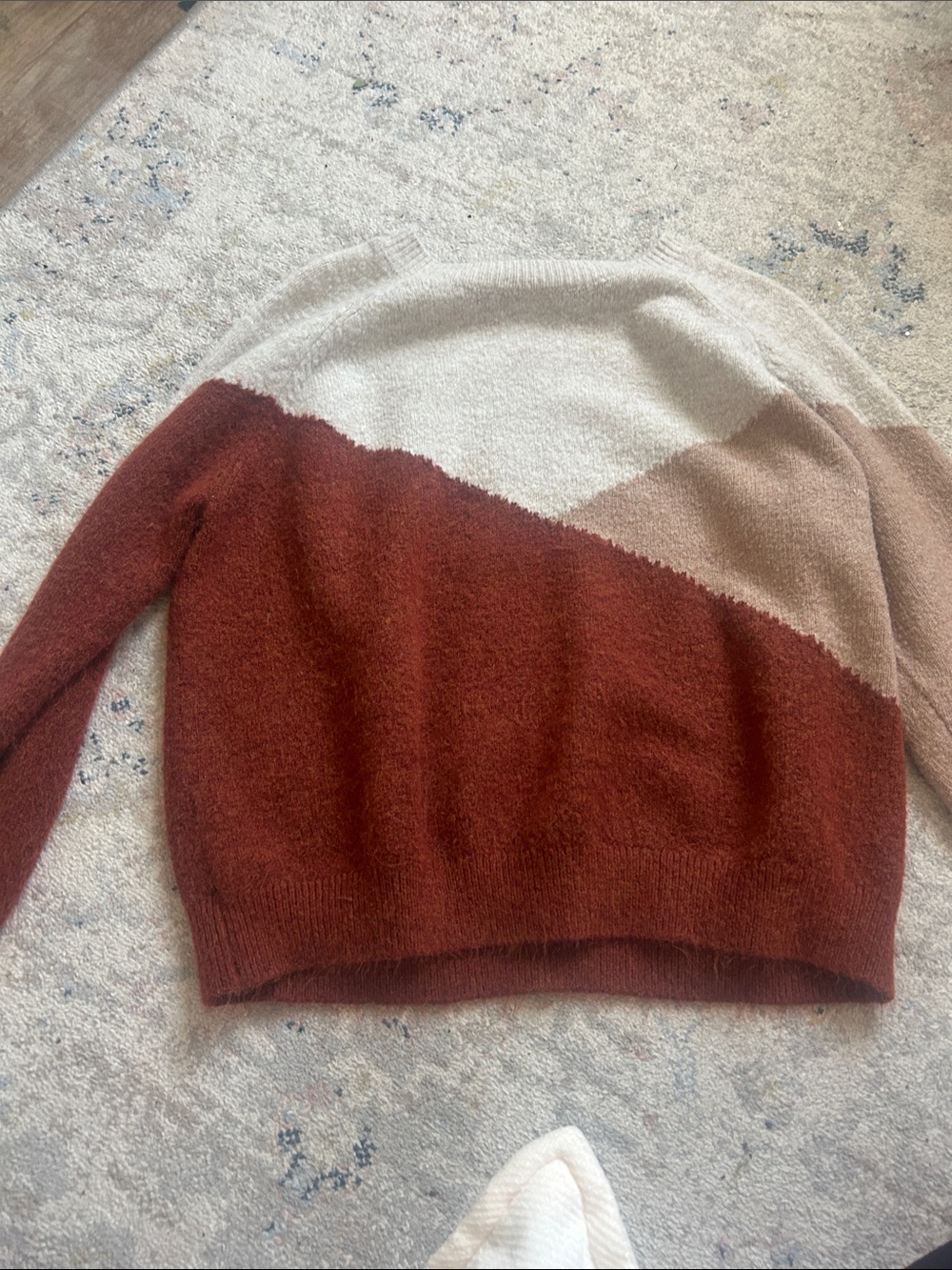SHEIN Diagonal Colorblock Crewneck Sweater - Rust, Cream, Taupe